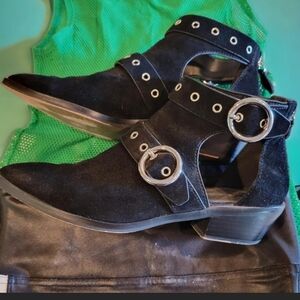 Black Suede Ankle Boots with Silver Buckles